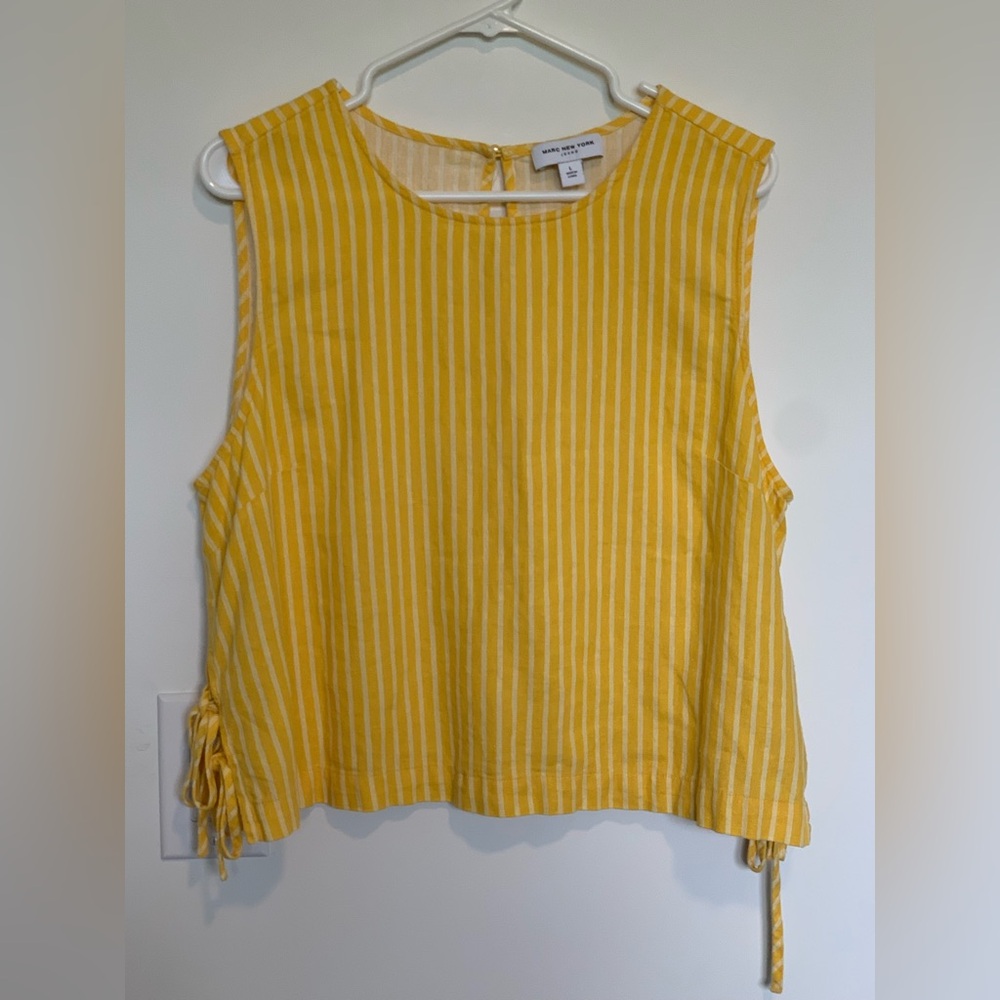 Marc New York Linen Tank Top Yellow Stripe Side Tie Sunny Summer Loose Cropped